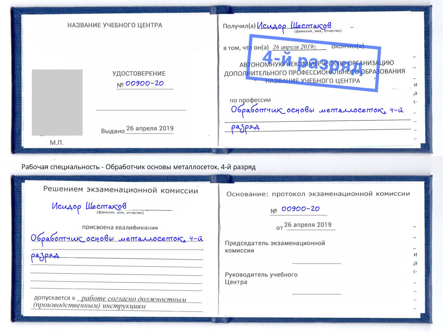 корочка 4-й разряд Обработчик основы металлосеток Грязи