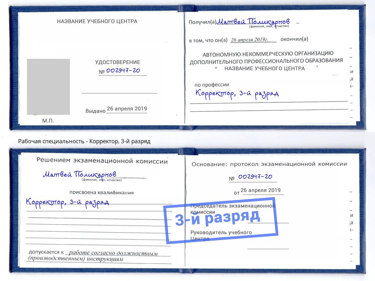 корочка 3-й разряд Корректор Грязи