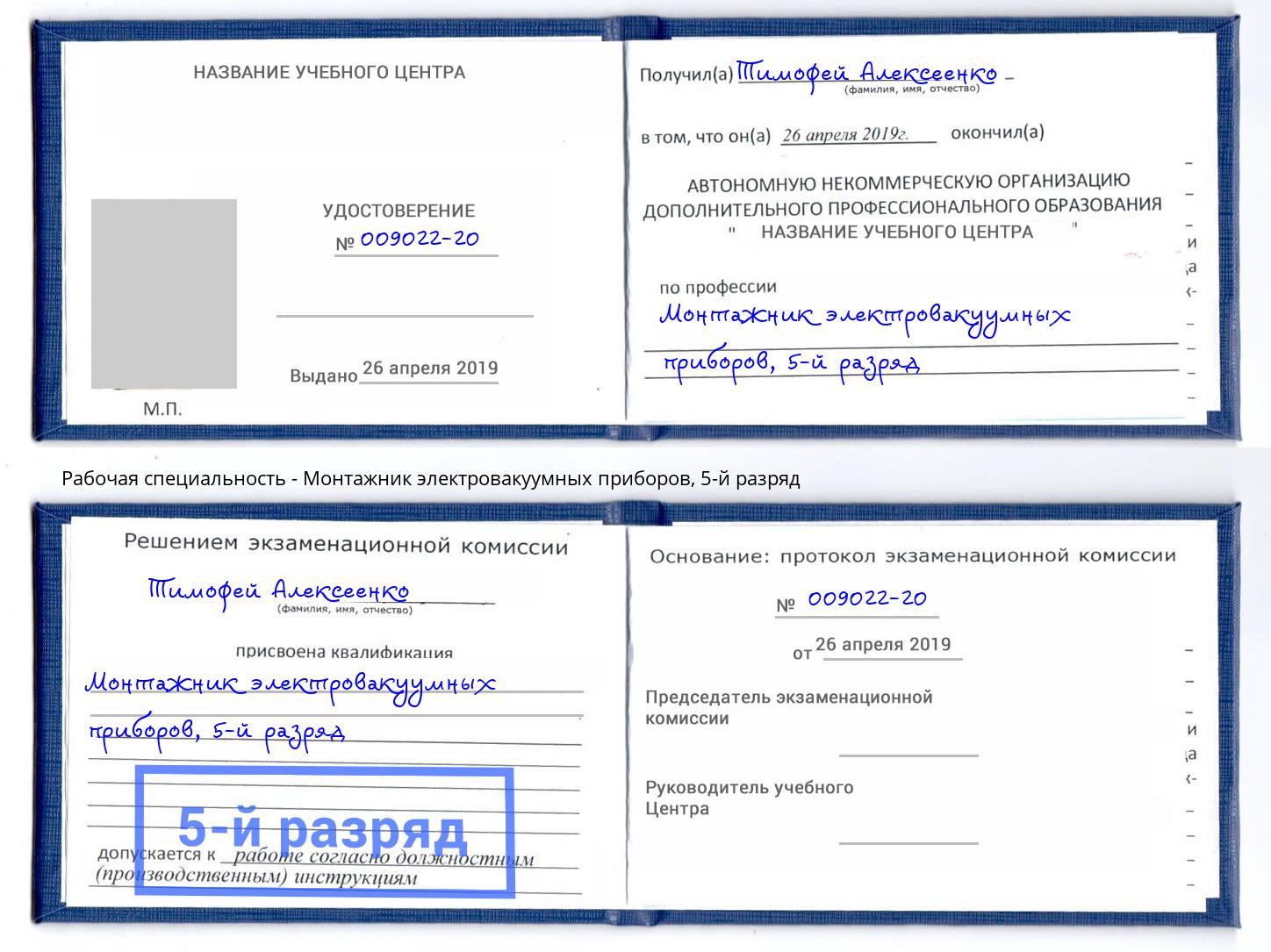 корочка 5-й разряд Монтажник электровакуумных приборов Грязи