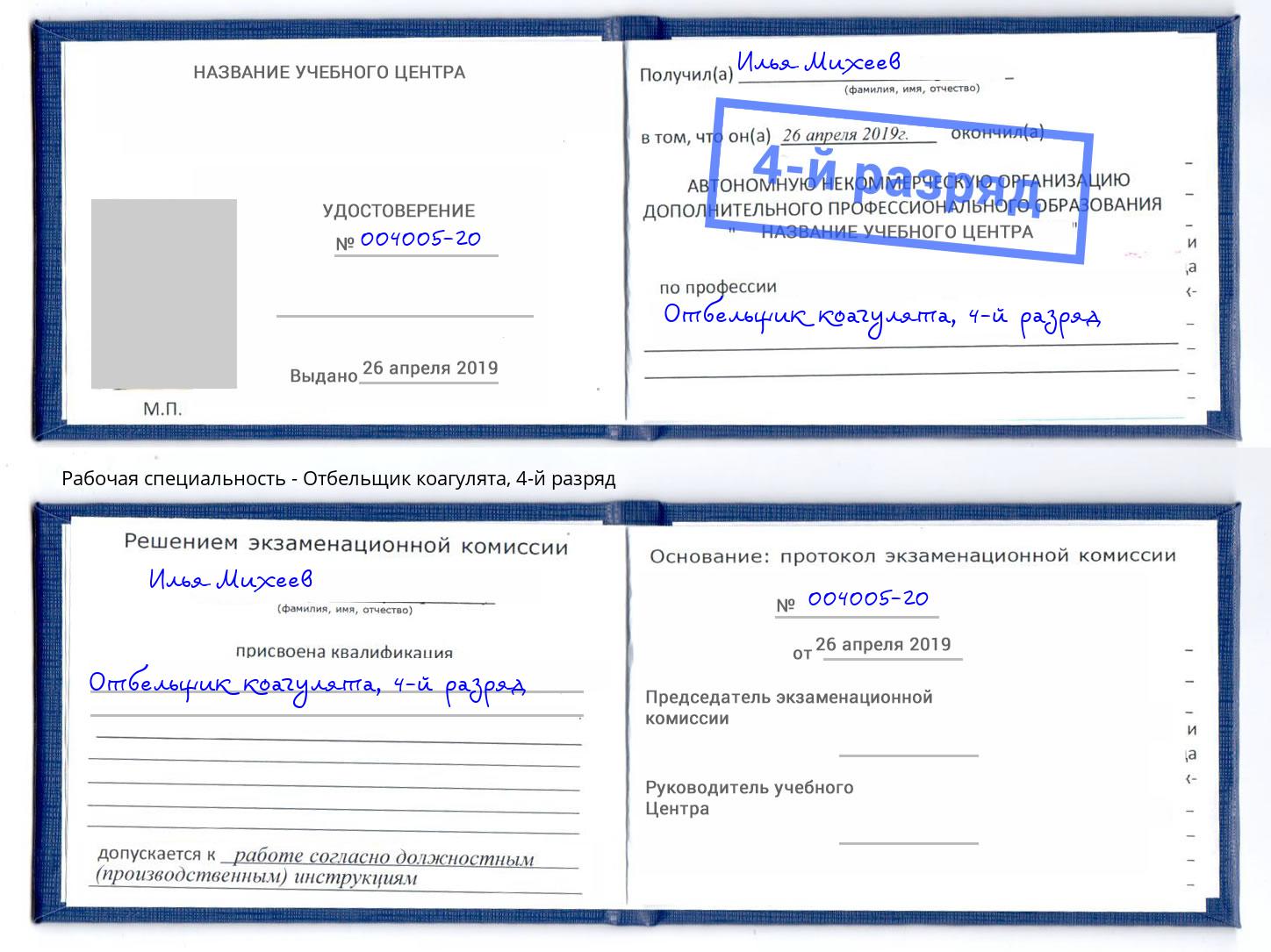 корочка 4-й разряд Отбельщик коагулята Грязи