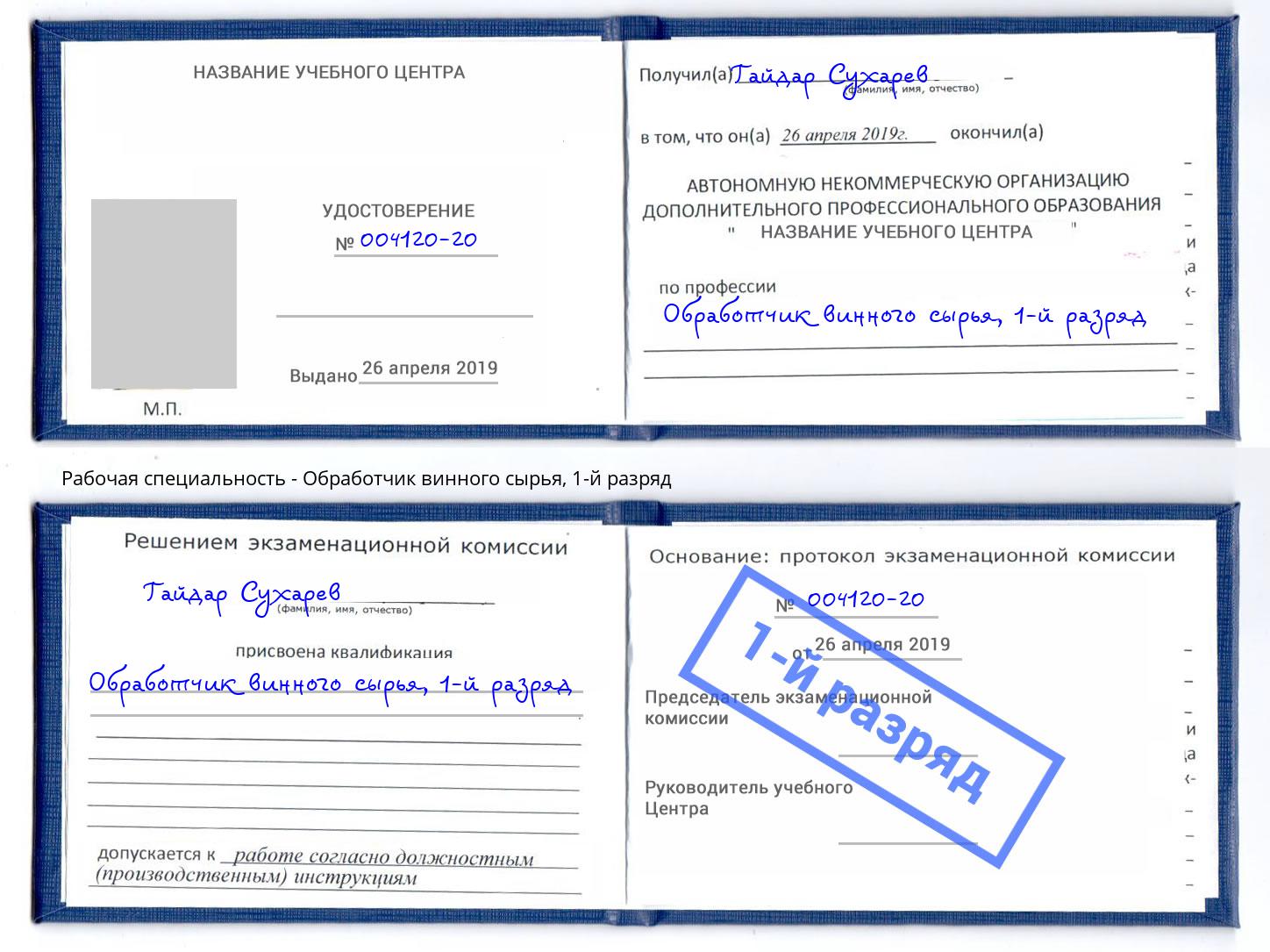 корочка 1-й разряд Обработчик винного сырья Грязи