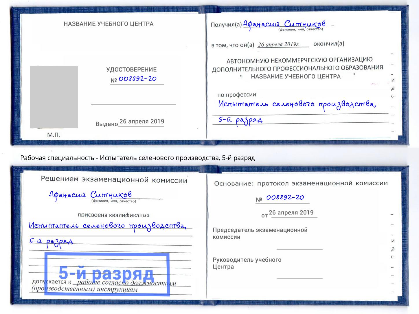 корочка 5-й разряд Испытатель селенового производства Грязи