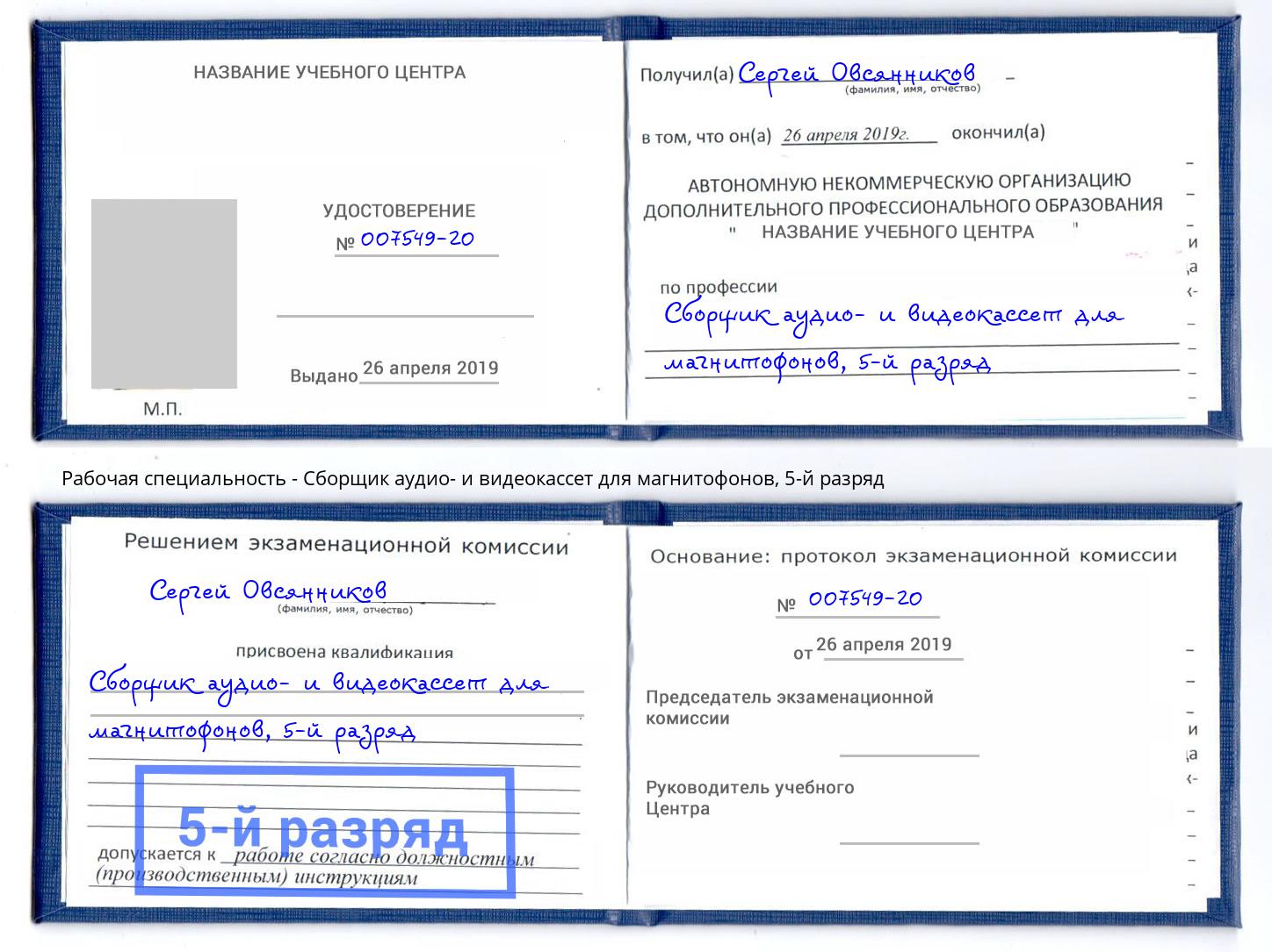 корочка 5-й разряд Сборщик аудио- и видеокассет для магнитофонов Грязи