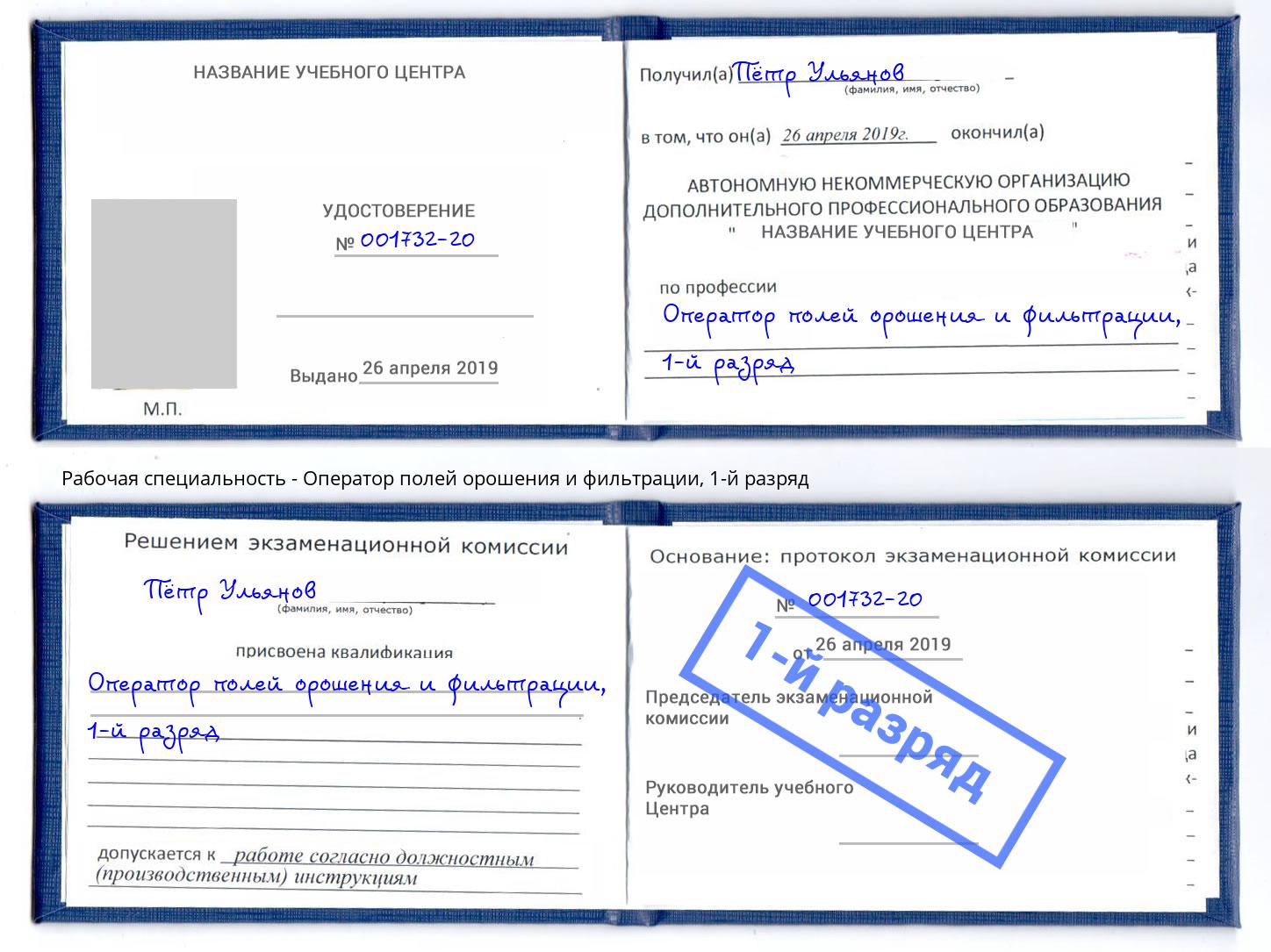 корочка 1-й разряд Оператор полей орошения и фильтрации Грязи