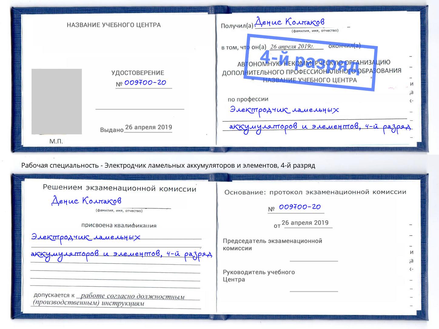 корочка 4-й разряд Электродчик ламельных аккумуляторов и элементов Грязи