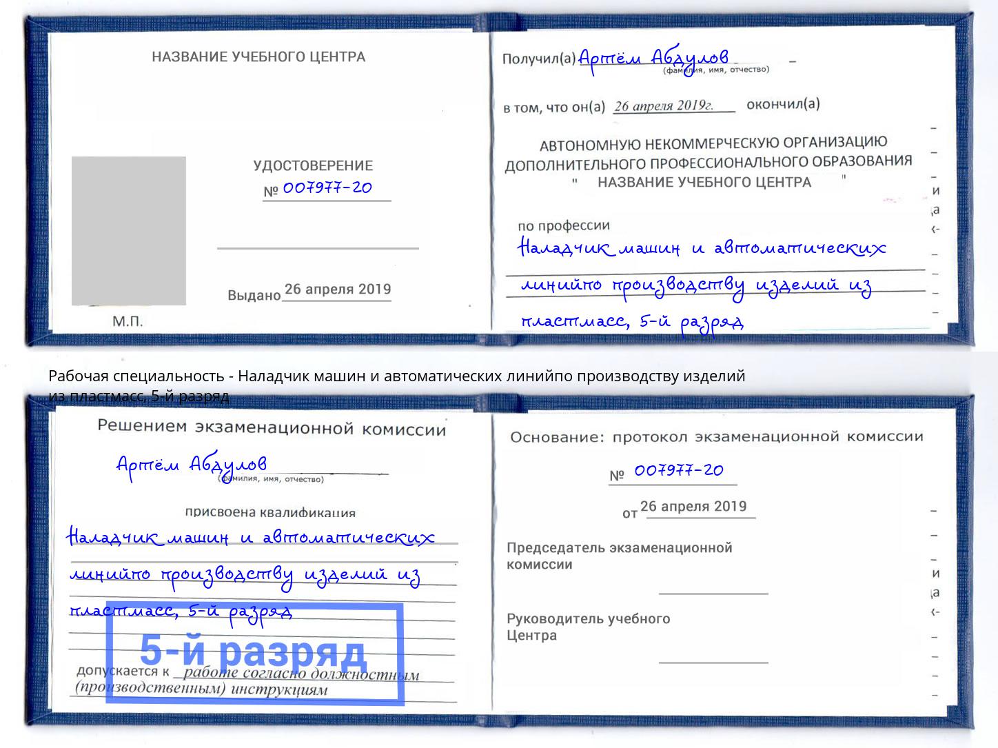 корочка 5-й разряд Наладчик машин и автоматических линийпо производству изделий из пластмасс Грязи