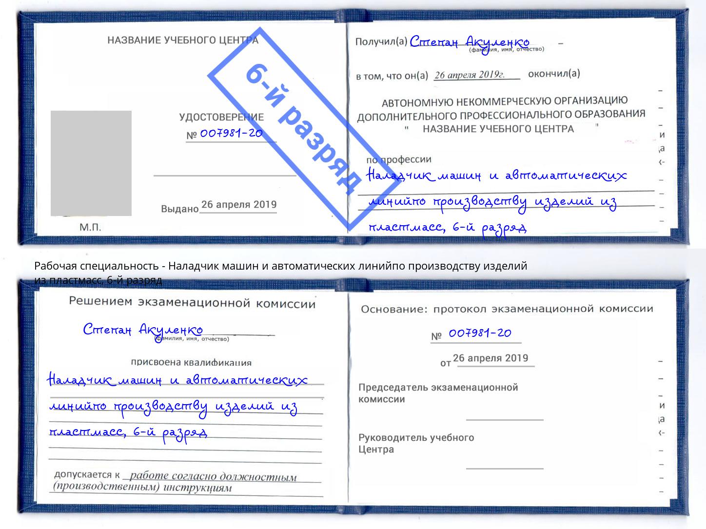 корочка 6-й разряд Наладчик машин и автоматических линийпо производству изделий из пластмасс Грязи