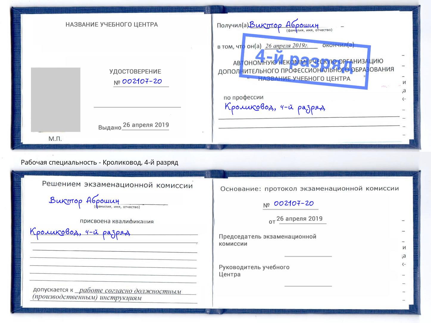 корочка 4-й разряд Кроликовод Грязи