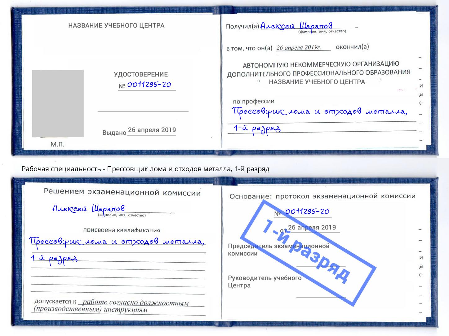 корочка 1-й разряд Прессовщик лома и отходов металла Грязи