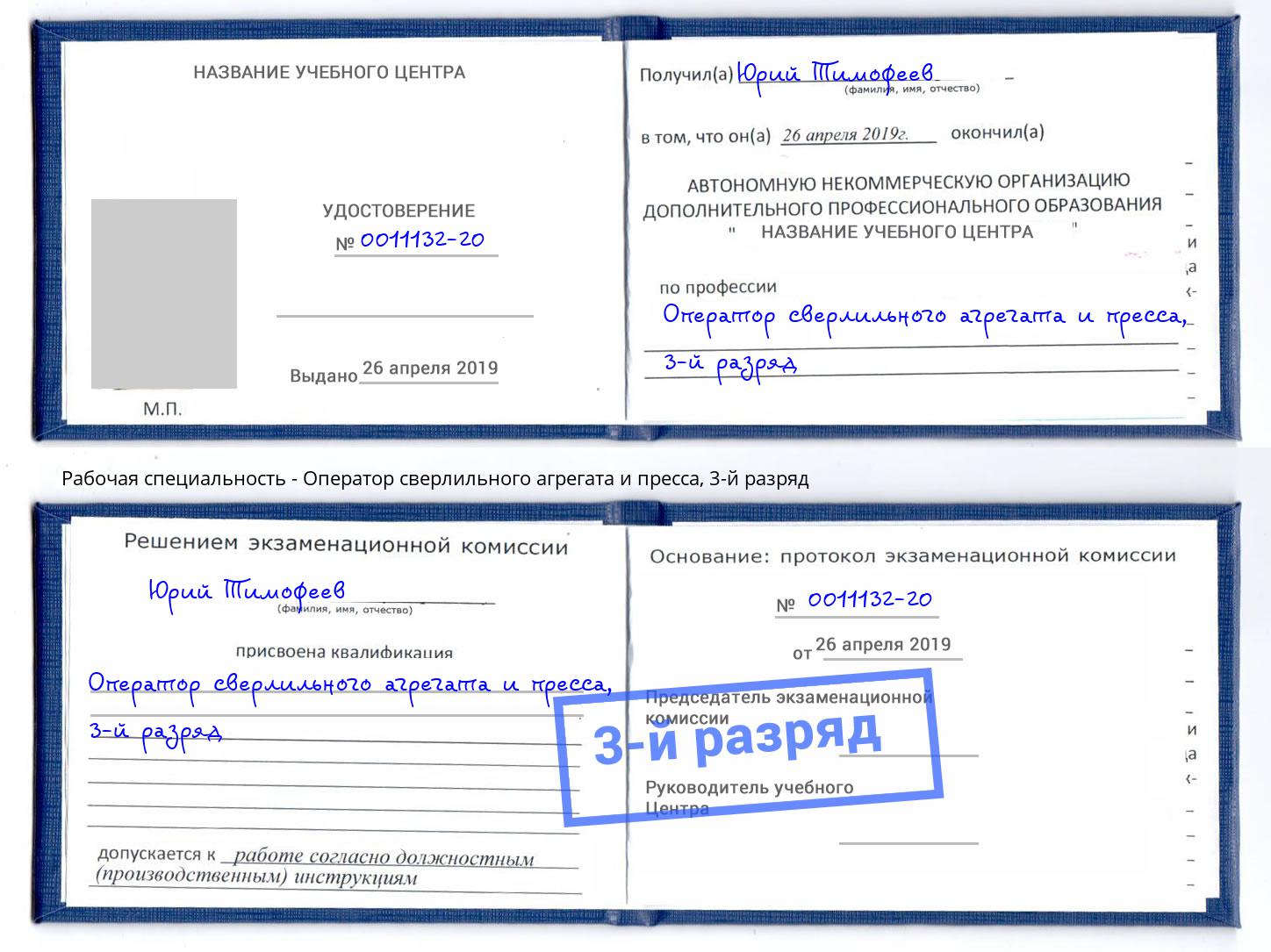 корочка 3-й разряд Оператор сверлильного агрегата и пресса Грязи