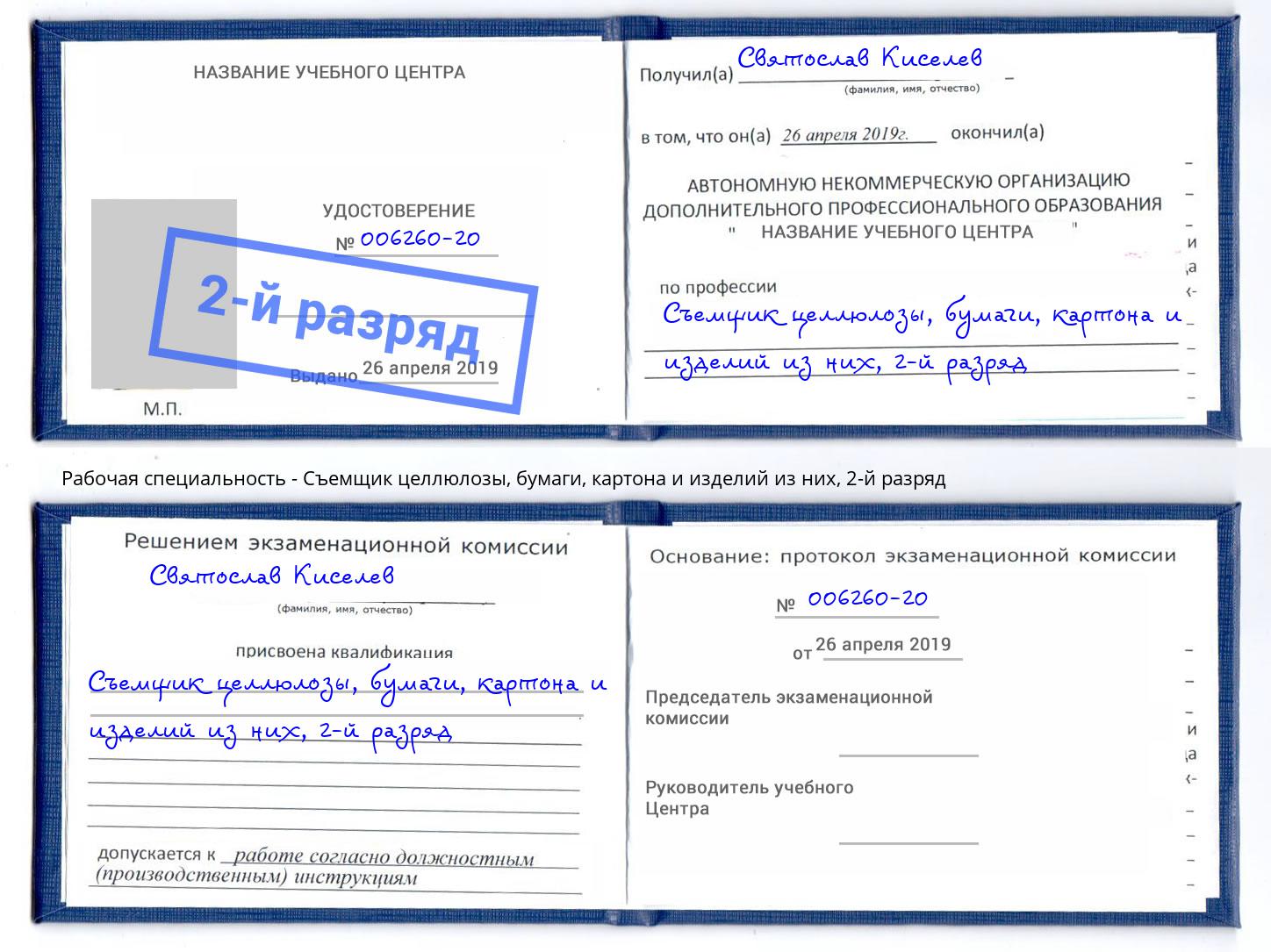 корочка 2-й разряд Съемщик целлюлозы, бумаги, картона и изделий из них Грязи