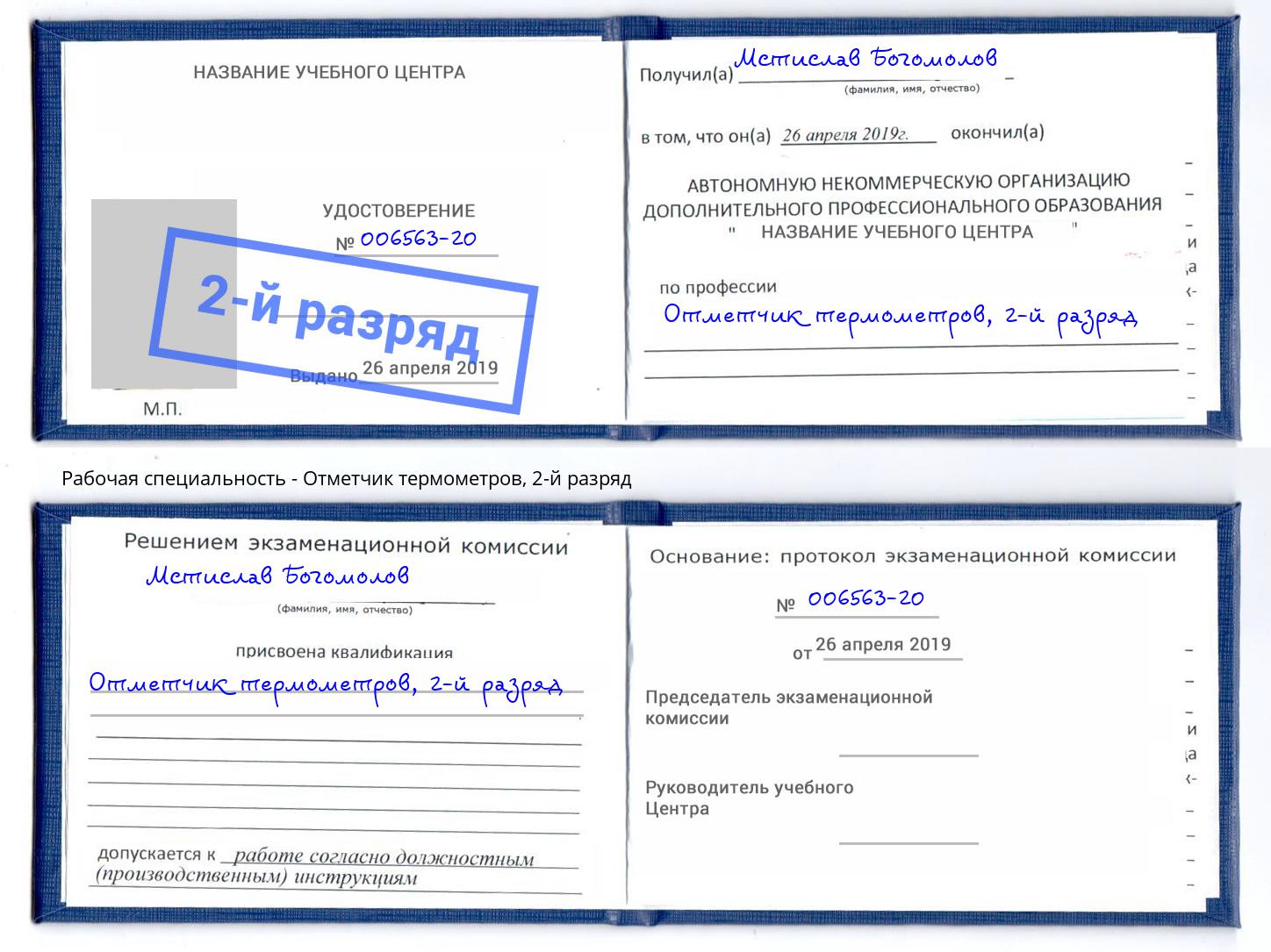 корочка 2-й разряд Отметчик термометров Грязи
